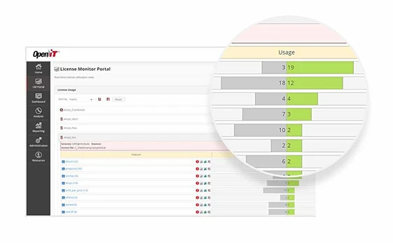 Open iT License Monitor Portal displaying real-time software license management data with usage charts and metrics. Ideal for software asset management, license tracking, compliance monitoring, and enterprise software license audits.